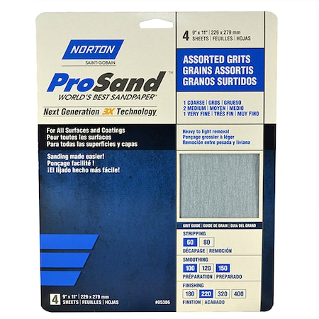 9 X 11 ProSand Sanding Sheet Assorted, PK 4